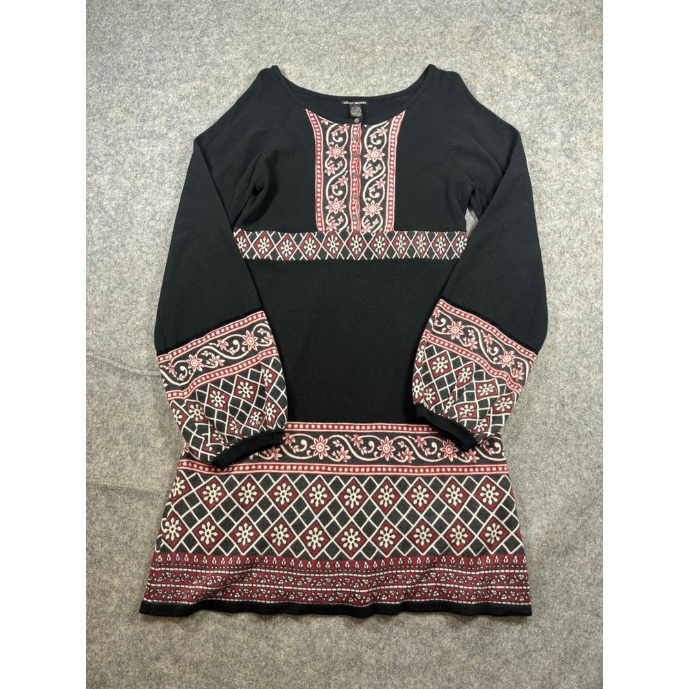 Lucky Brand Wool Cashmere y2k 00s Boho Floral Knit Sweater Dress Black Red Small